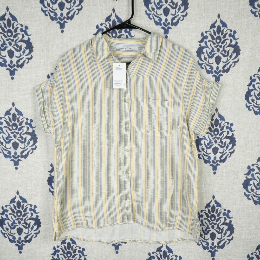 Sonoma Goods For Life Oversized Button Up Shirt Yellow Striped Airy XS NEW Cottn
